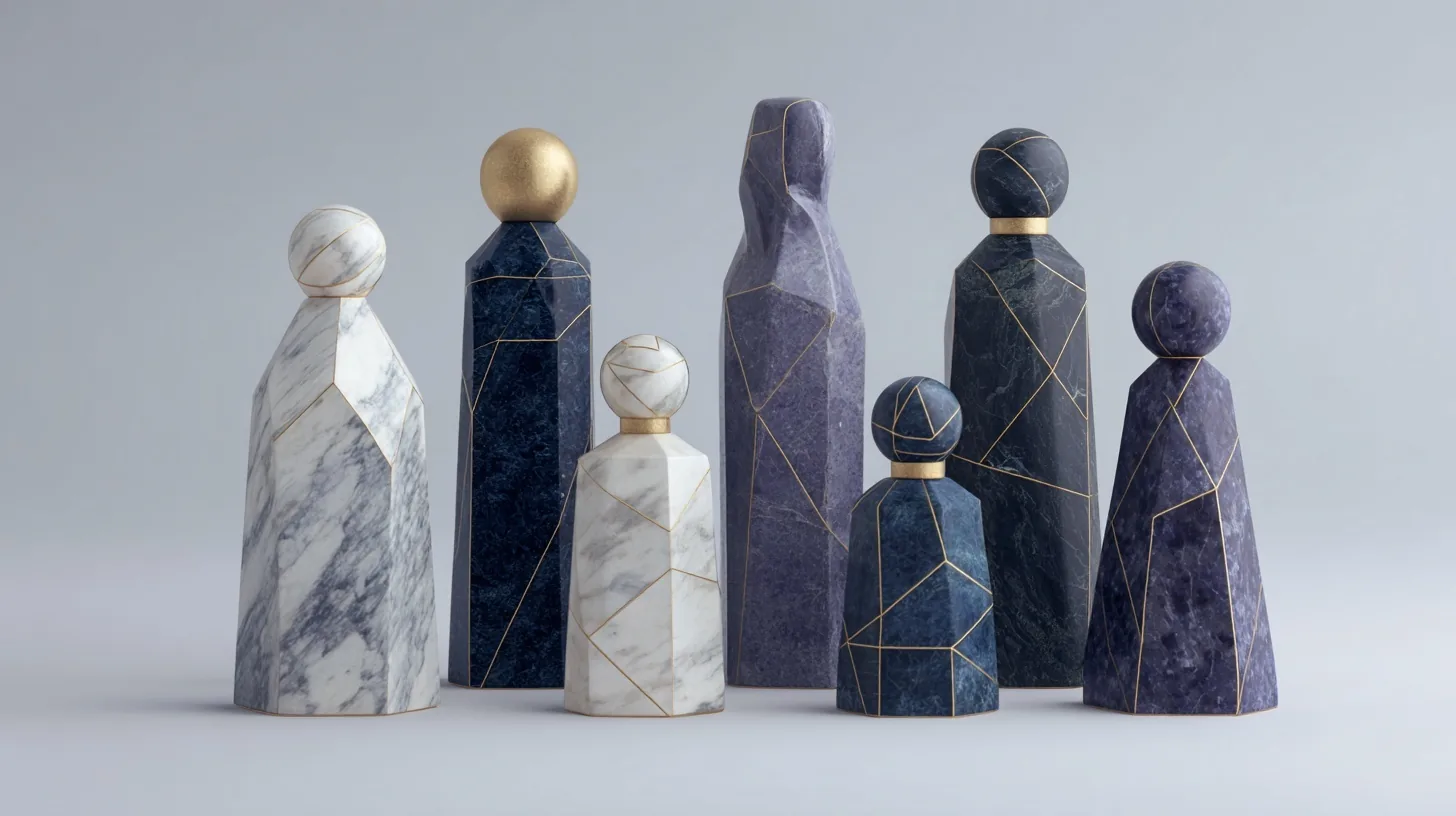 Seven faceted marble figures in white, navy and violet, three crowned with gold spheres, standing together as one group