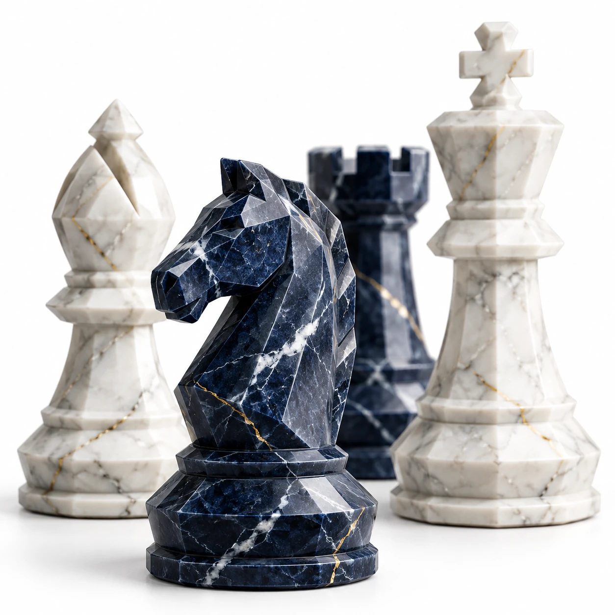 Close-up of faceted marble chess pieces: a navy knight in front of a white bishop, a navy rook and a white king